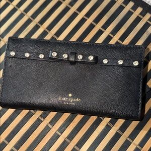 kate spade black saffiano wallet with bow and crystal trim
